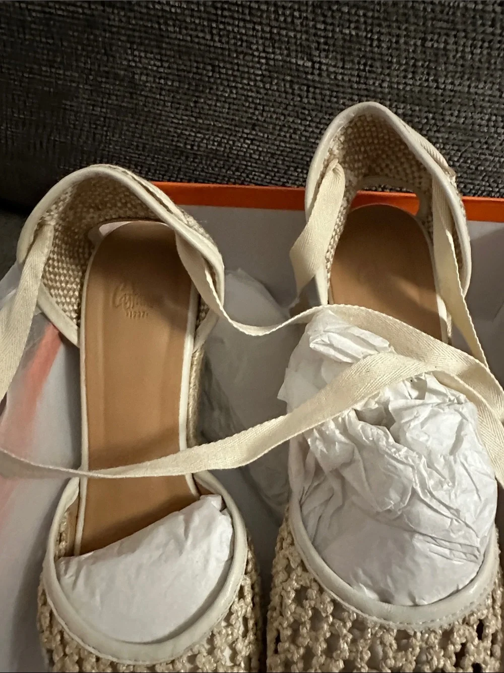 Castaner Cream Woven Espadrille Ballet Flats with Ribbon Ties